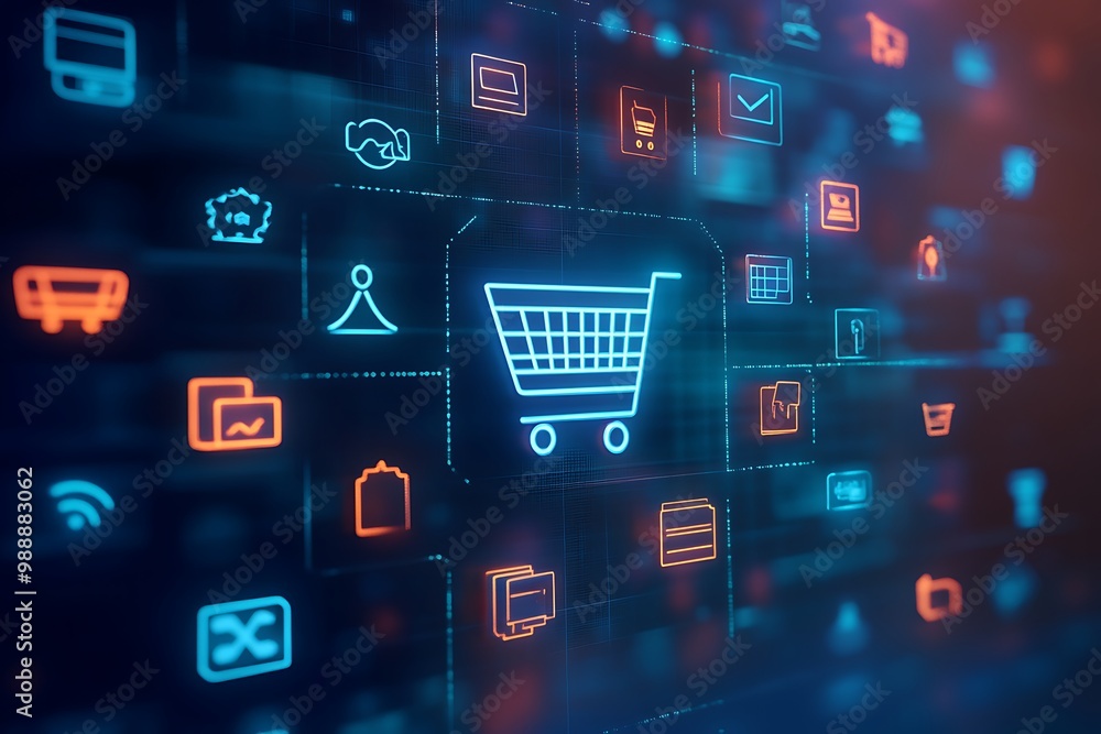 Digital Marketplace Interface with E-commerce Symbols and Neon Glow Digital Marketplace Interface with E-commerce Symbols and Neon Glow