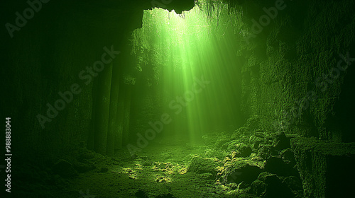 A mysterious green cave illuminated by soft rays of light, showcasing unique rock formations and an enchanting atmosphere.