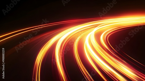 Light speed neon road lines. Laser effect of moving stripes. Glowing trace from a car. Fast curved rays with flashes. Flow of yellow and red energy.