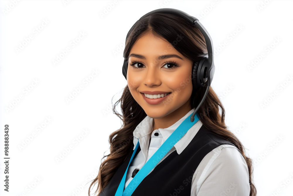Happy young latina business woman call centre thumb up. Welcome female operator put on smalltalk headphone standing on isolated white background. Happy young latina business woman call centre thumb up. Welcome female operator put on smalltalk headphone standing on isolated white background.