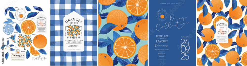 custom made wallpaper toronto digitalOrange and blue leaves. Vector illustration of citrus, cut fruit, pattern for plant background, wedding invitation, greeting card, packaging, label, italian mediterranean poster