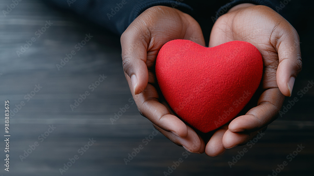 Fototapeta premium A pair of hands gently cradles a vibrant red heart, symbolizing love, care, and compassion against a dark wooden background.