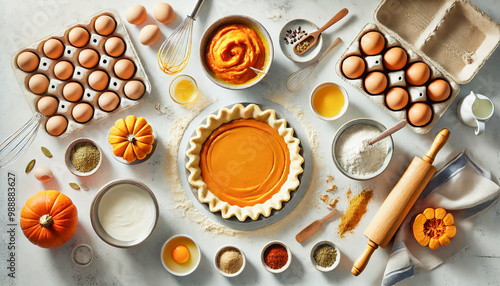 Baking essentials for making homemade pumpkin pie, featuring fresh ingredients and kitchen tools. photo