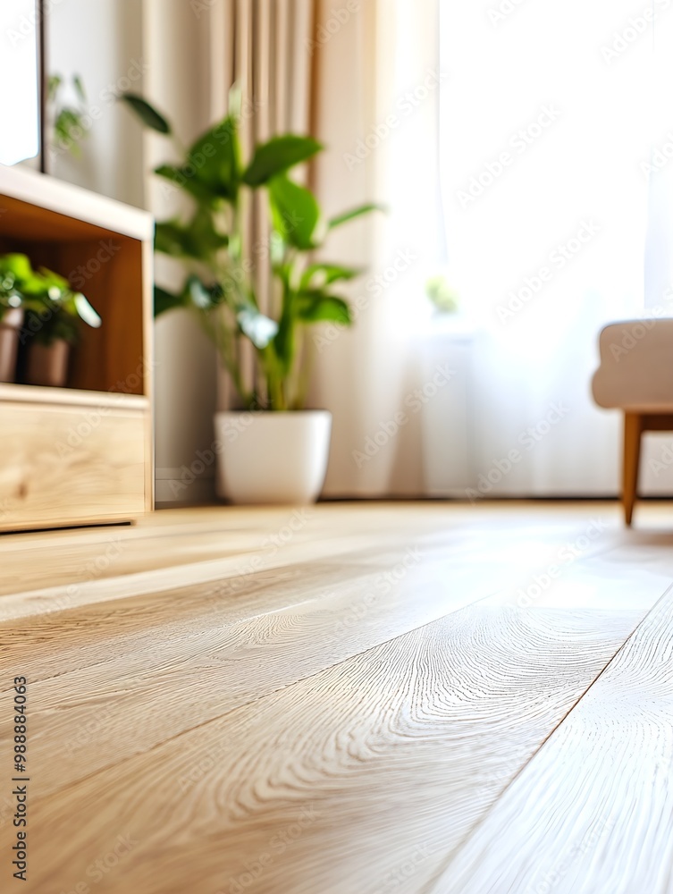 Natural wooden flooring with a smooth finish in a bright living room with soft light and plants in the background Natural wooden flooring with a smooth finish in a bright living room with soft light and plants in the background