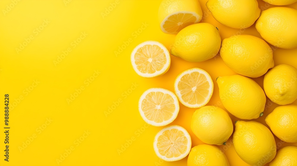 Pile of whole and sliced lemons on a vibrant yellow background, close-up with space for text. Pile of whole and sliced lemons on a vibrant yellow background, close-up with space for text.