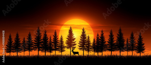 A serene sunset silhouette featuring tall trees and a deer amidst a vibrant orange sky, evoking tranquility and nature's beauty. photo