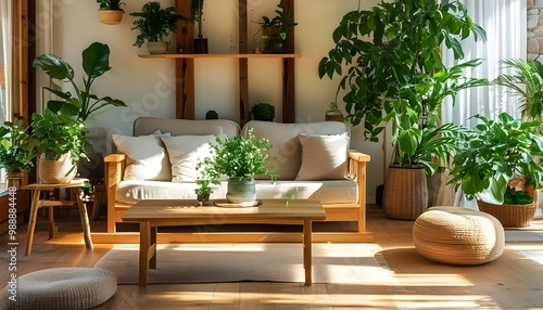 Cozy Sunlit Living Room Embracing Natural Wood Elements and Lush Green Plant Accents