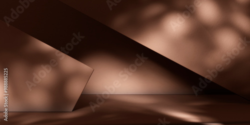 Abstract geometry studio scene with shadow and light. Brown background for luxury product display showroom mockup. Minimal interior aesthetic with empty space, geometric line, square, corner backdrop.