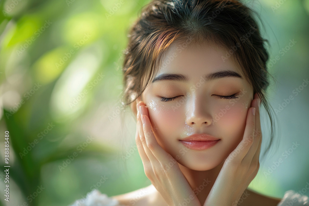A young Thai woman applying Thai cosmetics to her face A young Thai woman applying Thai cosmetics to her face