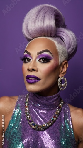 A woman with purple hair and purple makeup is wearing a purple dress