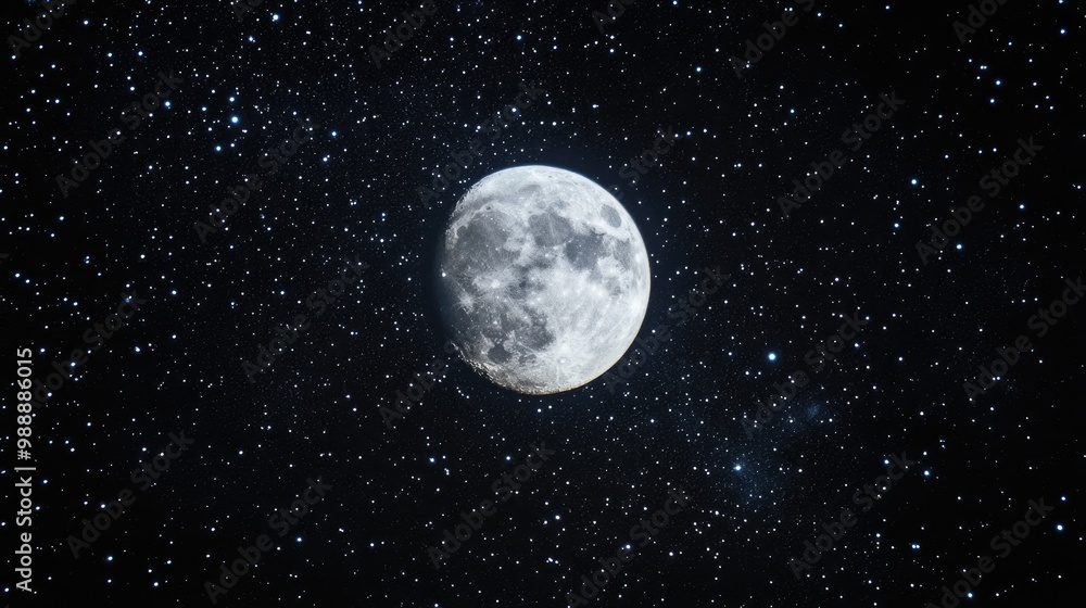 Full moon shining brightly amid a multitude of stars in a dark nighttime sky Full moon shining brightly amid a multitude of stars in a dark nighttime sky