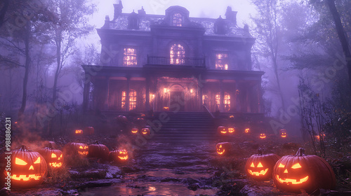 A haunted house with a path of pumpkins leading to it