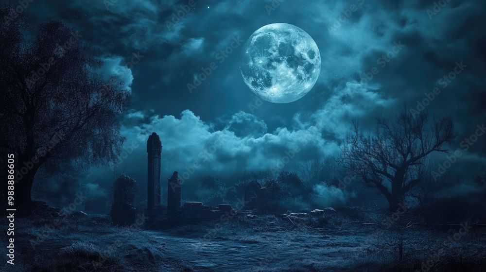 Moonlit night sky with a dark gothic backdrop evoking a haunting Halloween theme Moonlit night sky with a dark gothic backdrop evoking a haunting Halloween theme