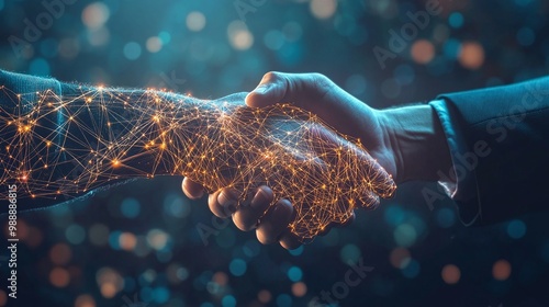 handshake with digital network overlay representing professional collaboration business connectivity and technological innovation in an abstract background highlighting partnership and global success