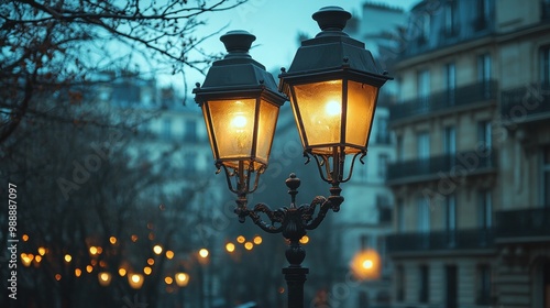 classic vintage double streetlamp glowing in the evening dusk its warm light casting long shadows and highlighting the serene twilight ambiance of the street creating a peaceful evening atmosphere