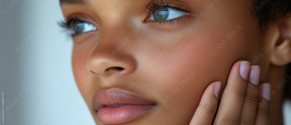 Close-up of a thoughtful young woman touching her face, highlighting beautiful skin and serene expression. Close-up of a thoughtful young woman touching her face, highlighting beautiful skin and serene expression.