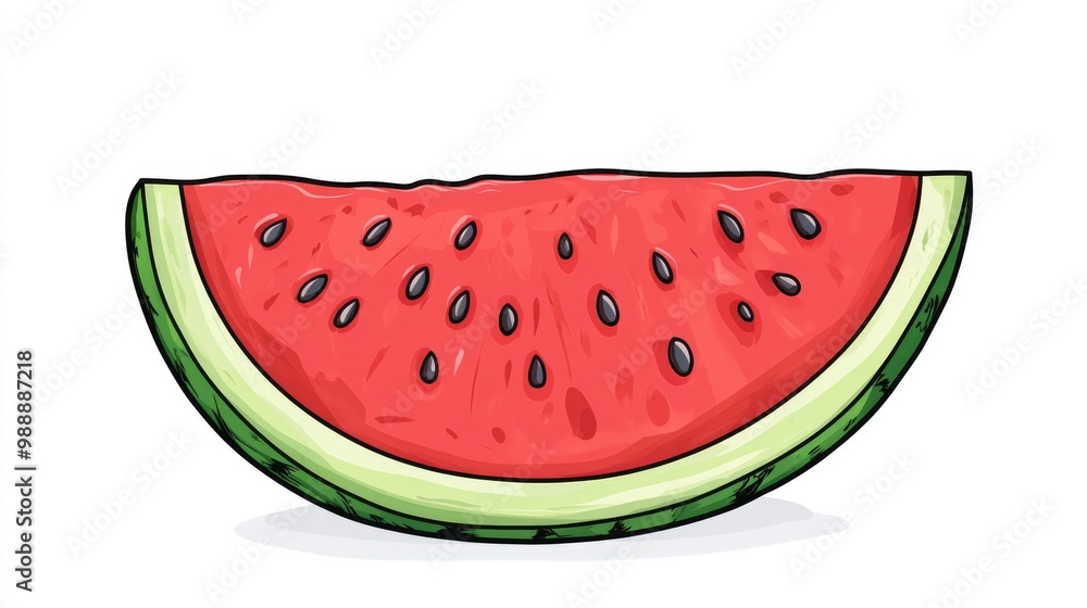 Cartoon illustration of a watermelon slice on a plain white backdrop Cartoon illustration of a watermelon slice on a plain white backdrop