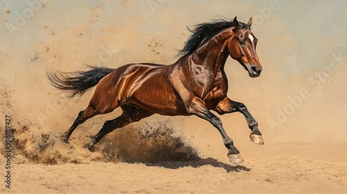 Bay horse galloping across sandy terrain