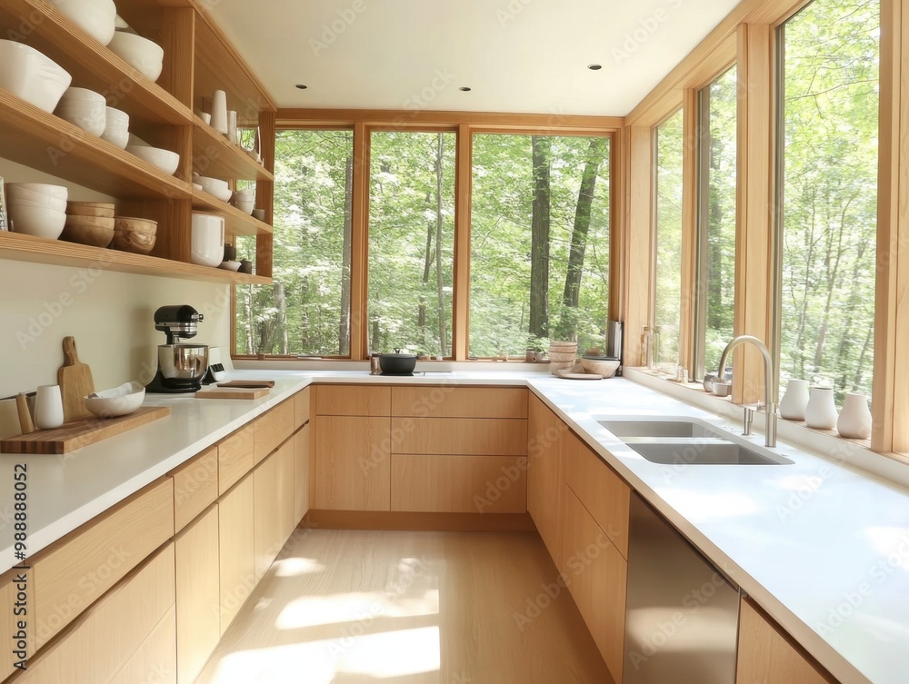 A kitchen with a sink and two sinks. The counter is white and the cabinets are brown. There are two bowls on the counter A kitchen with a sink and two sinks. The counter is white and the cabinets are brown. There are two bowls on the counter
