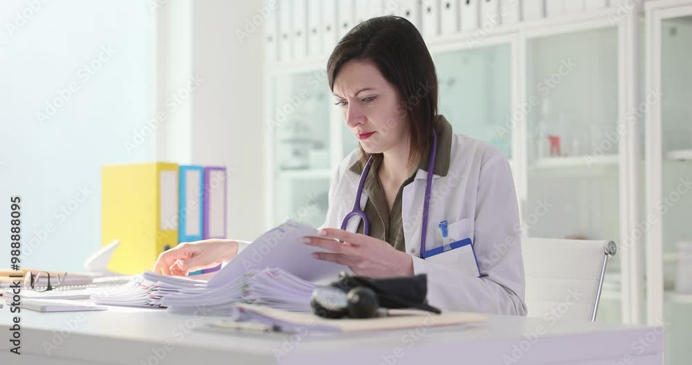 Woman family doctor reviews medical records sitting at desk. Concentrated physician analyzes treatment plan of patient and checks lab results Woman family doctor reviews medical records sitting at desk. Concentrated physician analyzes treatment plan of patient and checks lab results