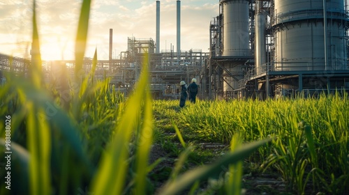 Workers Walking Towards Modern Sugar Factory with Lush Green Grass in Foreground, Emphasizing Sustainability in Industrial Operations photo