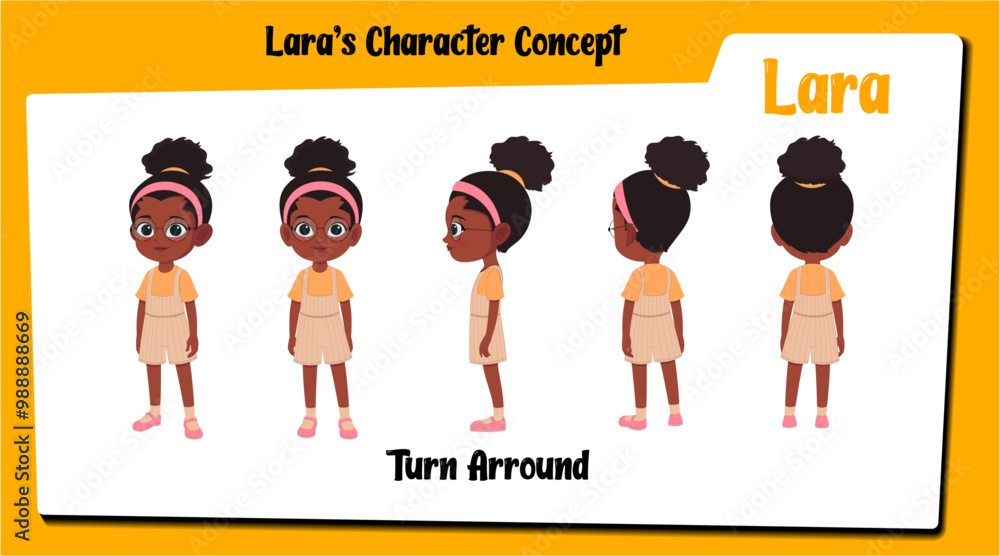 Αυτοκόλλητο A cute girl cartoon character turnaround sheet AKA Lara, little curly hair girl cartoon vector