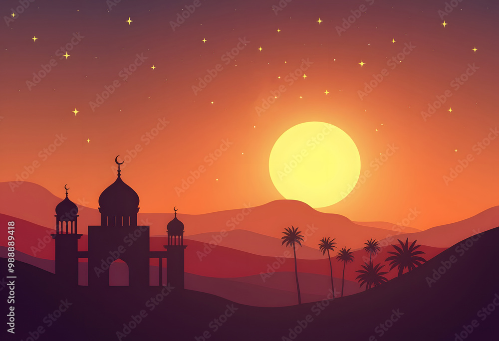 Obraz premium Night city buildings. Mosque and house silhouettes. Old arabian cityscape. Sunset town scenery. Sundown mountains. Arab evening. Scenic sky. Vector urban panorama background illustration 
