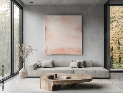 A living room with a large white couch and a wooden coffee table. A painting hangs on the wall above the couch