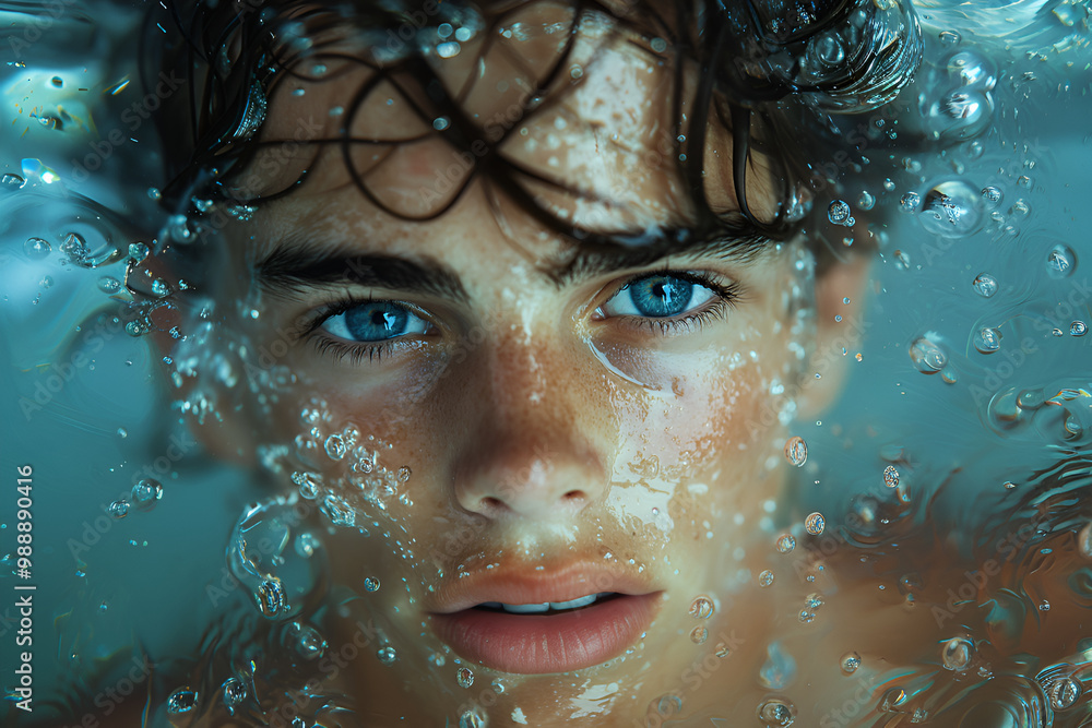 Fototapeta premium Captivating close-up of a young man submerged in water, with vivid blue eyes that pierce through the surface. Water droplets, bubbles surround, tousled hair, freckled skin, clarity, surreal, dreamy