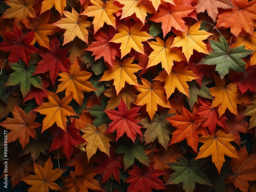 カエデ・紅葉した赤・緑・紫・オレンジの葉がボードの上に散らばって敷き詰められている Maple leaves in red, green, purple, and orange autumn colors are scattered and spread across the board カエデ・紅葉した赤・緑・紫・オレンジの葉がボードの上に散らばって敷き詰められている Maple leaves in red, green, purple, and orange autumn colors are scattered and spread across the board