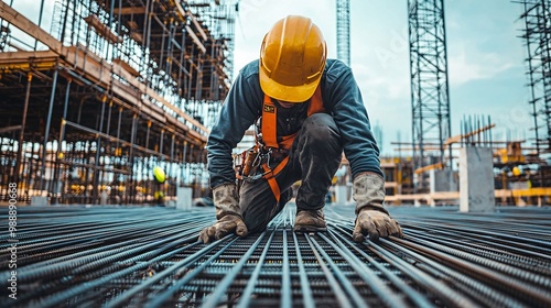 Image of a construction worker crouching down to inspect steel rebar at a construction site.