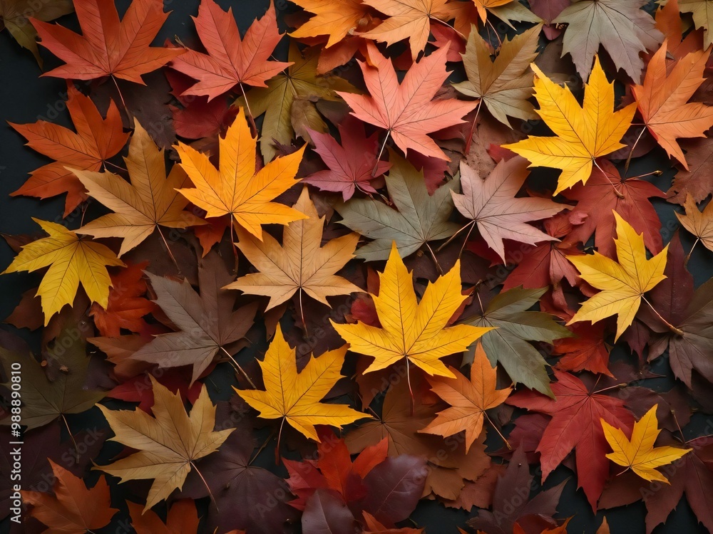 カエデ・紅葉した赤・緑・紫・オレンジの葉がボードの上に散らばって敷き詰められている Maple leaves in red, green, purple, and orange autumn colors are scattered and spread across the board カエデ・紅葉した赤・緑・紫・オレンジの葉がボードの上に散らばって敷き詰められている Maple leaves in red, green, purple, and orange autumn colors are scattered and spread across the board