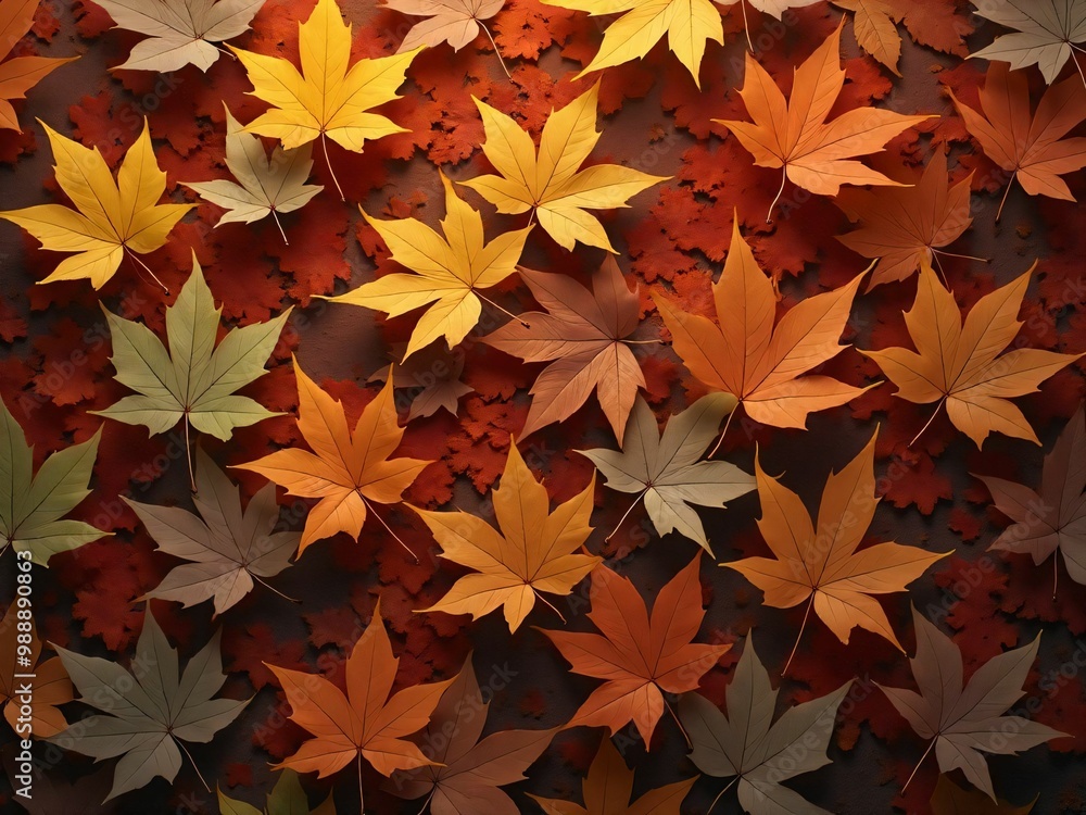 カエデ・紅葉した赤・緑・紫・オレンジの葉がボードの上に散らばって敷き詰められている Maple leaves in red, green, purple, and orange autumn colors are scattered and spread across the board カエデ・紅葉した赤・緑・紫・オレンジの葉がボードの上に散らばって敷き詰められている Maple leaves in red, green, purple, and orange autumn colors are scattered and spread across the board