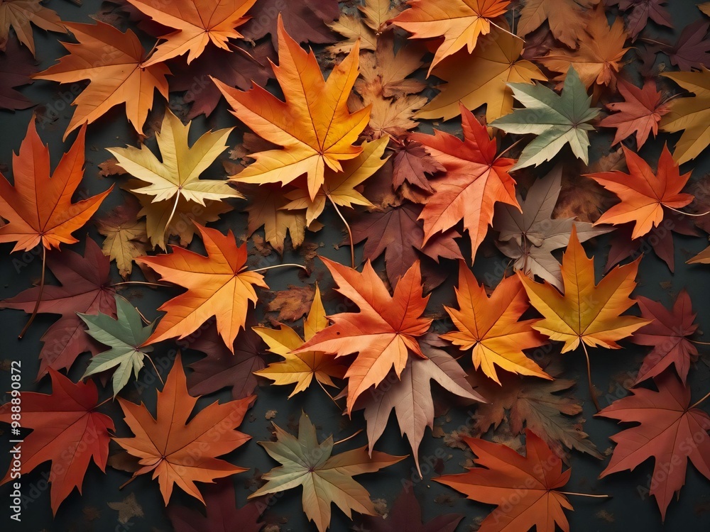 カエデ・紅葉した赤・緑・紫・オレンジの葉がボードの上に散らばって敷き詰められている Maple leaves in red, green, purple, and orange autumn colors are scattered and spread across the board カエデ・紅葉した赤・緑・紫・オレンジの葉がボードの上に散らばって敷き詰められている Maple leaves in red, green, purple, and orange autumn colors are scattered and spread across the board