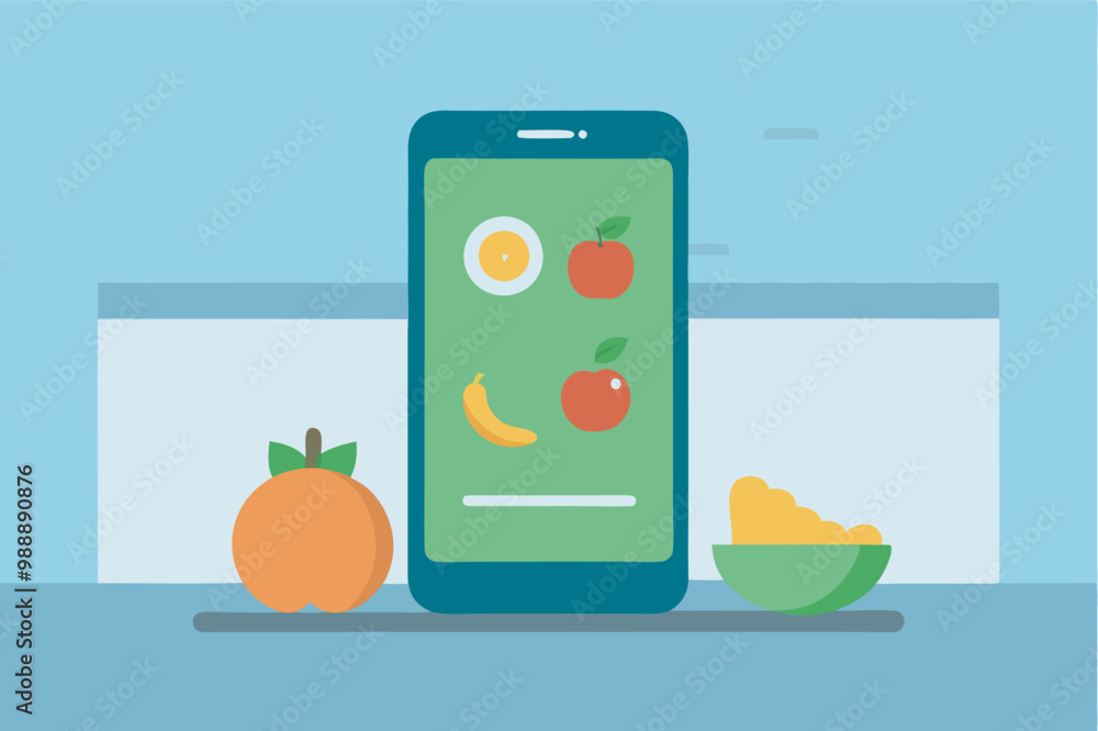 Fototapeta premium Image: Phone displaying fruit icons on a table with real fruits. Background is light blue-gray, creating a serene vibe.