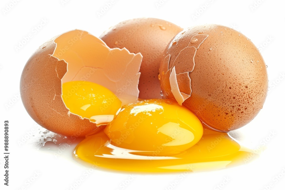 Chicken eggs and half broken egg with yolk isolated on white background Chicken eggs and half broken egg with yolk isolated on white background