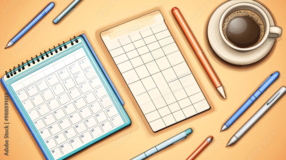 Flat lay of a desk with a calendar, a notepad, pens, pencils, and a cup of coffee. Flat lay of a desk with a calendar, a notepad, pens, pencils, and a cup of coffee.