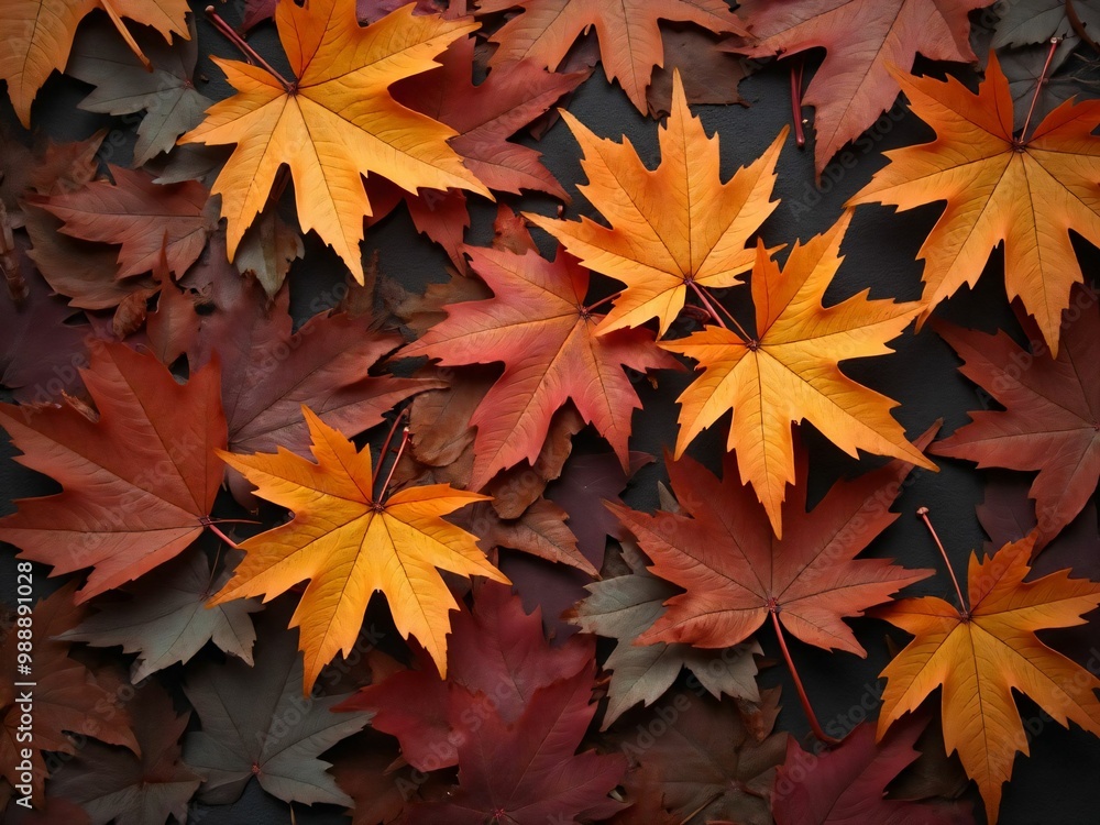 カエデ・紅葉した赤・緑・紫・オレンジの葉がボードの上に散らばって敷き詰められている Maple leaves in red, green, purple, and orange autumn colors are scattered and spread across the board カエデ・紅葉した赤・緑・紫・オレンジの葉がボードの上に散らばって敷き詰められている Maple leaves in red, green, purple, and orange autumn colors are scattered and spread across the board