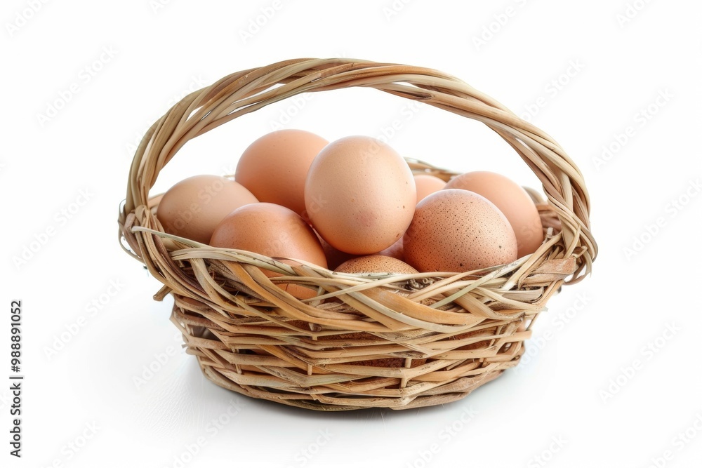 Chicken eggs in basket isolated. Organic food isolated on white background Chicken eggs in basket isolated. Organic food isolated on white background