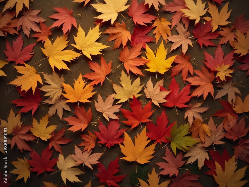 カエデ・紅葉した赤・緑・紫・オレンジの葉がボードの上に散らばって敷き詰められている Maple leaves in red, green, purple, and orange autumn colors are scattered and spread across the board カエデ・紅葉した赤・緑・紫・オレンジの葉がボードの上に散らばって敷き詰められている Maple leaves in red, green, purple, and orange autumn colors are scattered and spread across the board