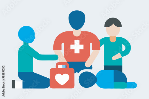A colorful cartoon-style illustration shows three people assisting an unconscious individual with first aid supplies. The scene has a relaxed ambiance and includes foreign script in Cyrillic.