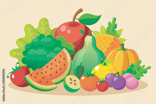 A colorful display of apples, pears, pumpkins, and cucumbers conveys abundance and freshness in fruits and vegetables.