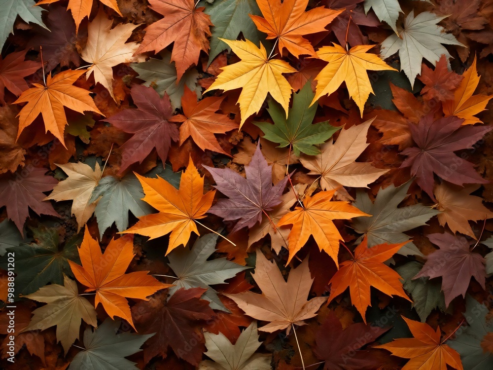カエデ・紅葉した赤・緑・紫・オレンジの葉がボードの上に散らばって敷き詰められている Maple leaves in red, green, purple, and orange autumn colors are scattered and spread across the board カエデ・紅葉した赤・緑・紫・オレンジの葉がボードの上に散らばって敷き詰められている Maple leaves in red, green, purple, and orange autumn colors are scattered and spread across the board