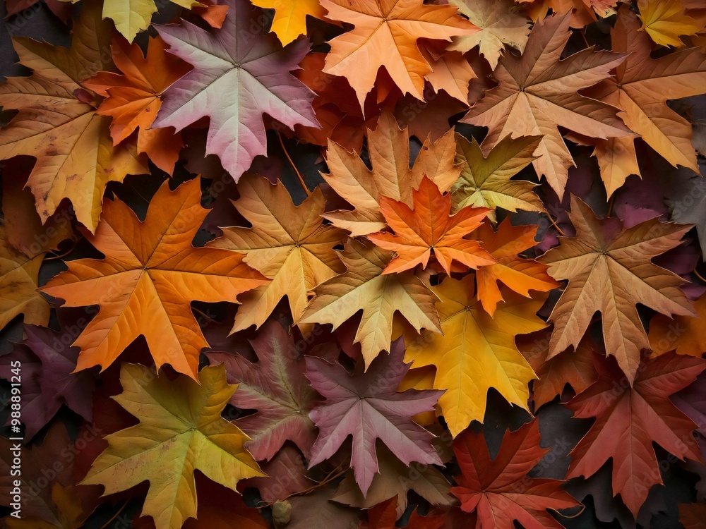 カエデ・紅葉した赤・緑・紫・オレンジの葉がボードの上に散らばって敷き詰められている Maple leaves in red, green, purple, and orange autumn colors are scattered and spread across the board カエデ・紅葉した赤・緑・紫・オレンジの葉がボードの上に散らばって敷き詰められている Maple leaves in red, green, purple, and orange autumn colors are scattered and spread across the board
