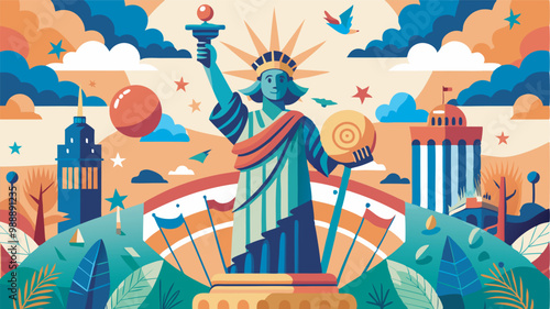 Vivid illustration of Statue of Liberty holding torch, tablet with apple. Lively details, lush landscape, dynamic sky evoke warmth, hope, liberty theme.