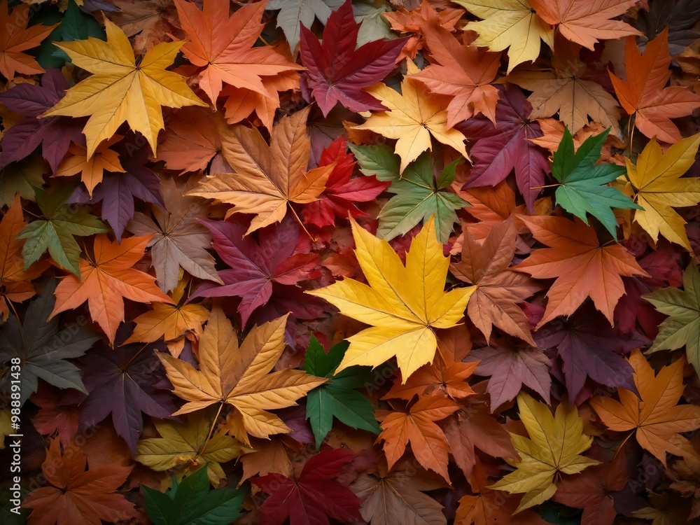 カエデ・紅葉した赤・緑・紫・オレンジの葉がボードの上に散らばって敷き詰められている Maple leaves in red, green, purple, and orange autumn colors are scattered and spread across the board カエデ・紅葉した赤・緑・紫・オレンジの葉がボードの上に散らばって敷き詰められている Maple leaves in red, green, purple, and orange autumn colors are scattered and spread across the board