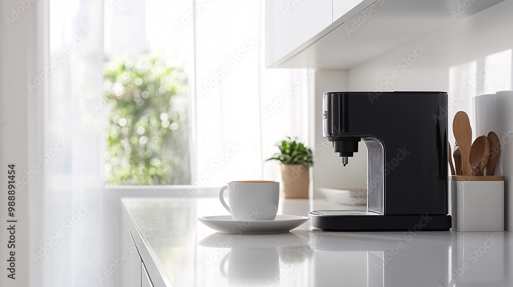 A serene and stylish minimalist kitchen featuring a clean white countertop adorned with a cup, potted plant, spoon, microwave, and vases. A serene and stylish minimalist kitchen featuring a clean white countertop adorned with a cup, potted plant, spoon, microwave, and vases.