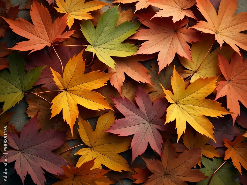 カエデ・紅葉した赤・緑・紫・オレンジの葉がボードの上に散らばって敷き詰められている Maple leaves in red, green, purple, and orange autumn colors are scattered and spread across the board カエデ・紅葉した赤・緑・紫・オレンジの葉がボードの上に散らばって敷き詰められている Maple leaves in red, green, purple, and orange autumn colors are scattered and spread across the board
