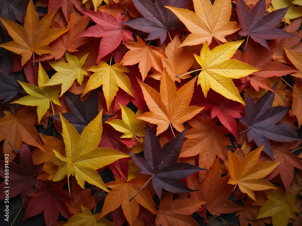 カエデ・紅葉した赤・緑・紫・オレンジの葉がボードの上に散らばって敷き詰められている Maple leaves in red, green, purple, and orange autumn colors are scattered and spread across the board カエデ・紅葉した赤・緑・紫・オレンジの葉がボードの上に散らばって敷き詰められている Maple leaves in red, green, purple, and orange autumn colors are scattered and spread across the board