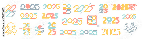 Multicolored set of 2025 new year logo. Number of year text design. Design elements for greeting card, invitation, calendar, etc. Vector illustration.